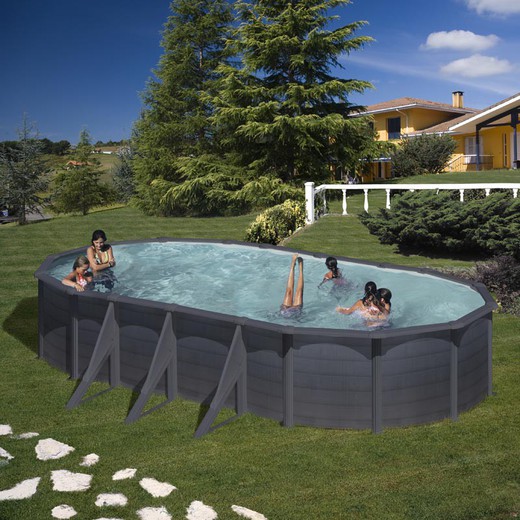 piscine in acciaio fuori terra torino con pareti in acciaio modello ischia standard forma ovale decorazione effetto grafite