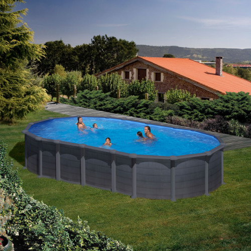piscine in acciaio fuori terra torino con pareti in acciaio modello ischia decorazione effetto grafite