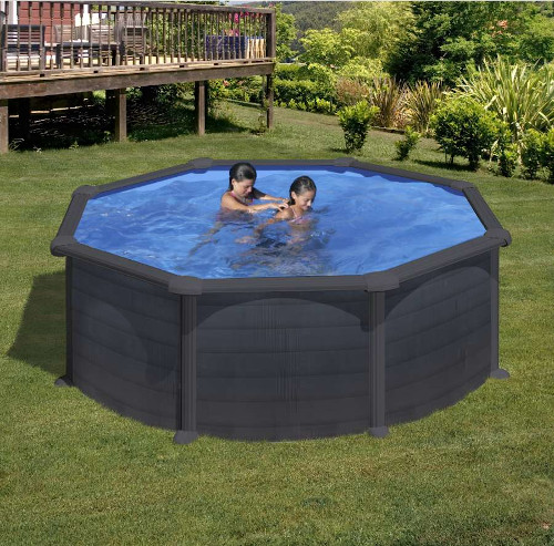 piscine in acciaio fuori terra torino con pareti in acciaio modello ischia forma rotonda decorazione effetto grafite