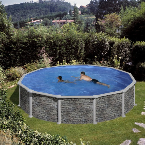 piscine in acciaio fuori terra torino con pareti in acciaio modello greca forma rotonda decorazione effetto pietra